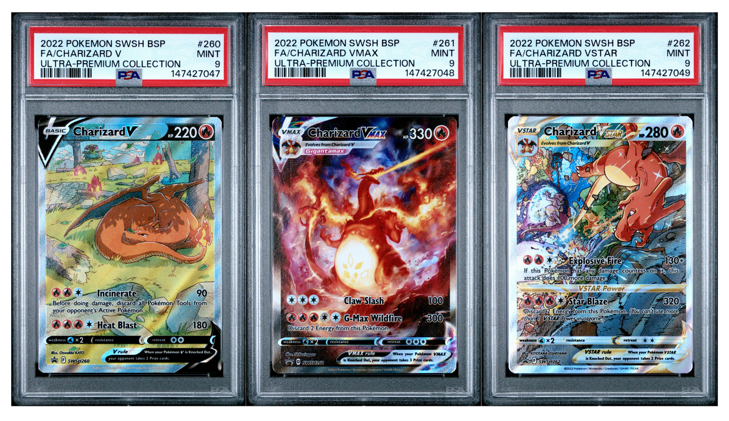 Three Pokémon trading cards in protective cases with PSA labels on a white background