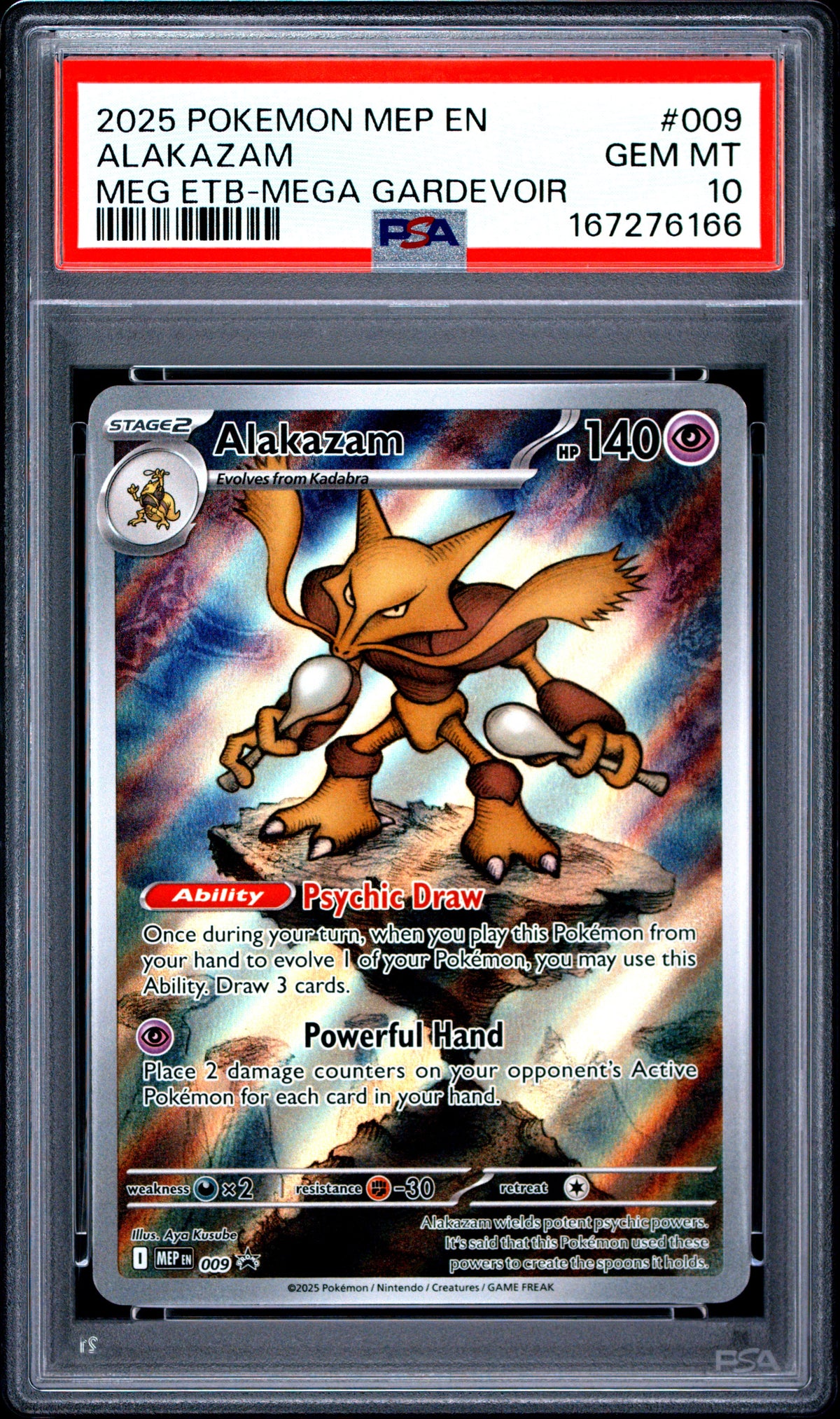2025 POKEMON MEP EN-ME BLACK STAR PROMO #009 ALAKAZAM MEG ETB-MEGA GARDEVOIR (PSA 10)
