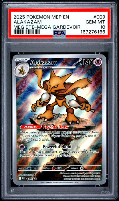 2025 POKEMON MEP EN-ME BLACK STAR PROMO #009 ALAKAZAM MEG ETB-MEGA GARDEVOIR (PSA 10)