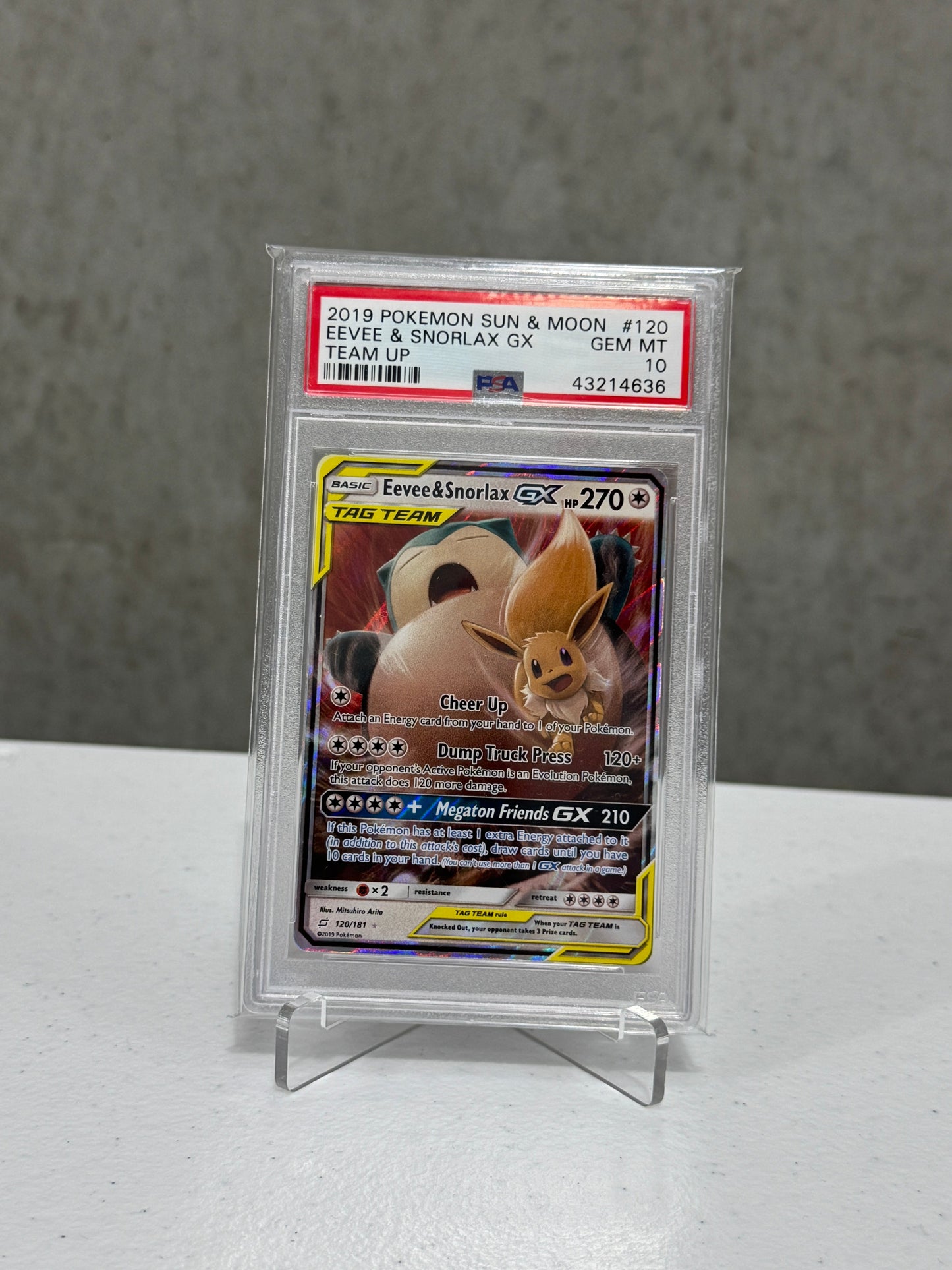 Pokemon TCG: 2019 POKEMON SUN & MOON TEAM UP #120 EEVEE & SNORLAX GX TEAM UP [PSA 10]