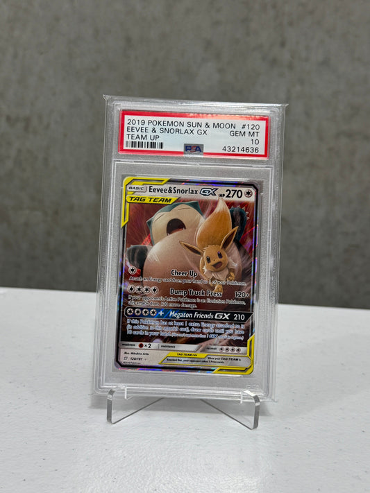 Pokemon TCG: 2019 POKEMON SUN & MOON TEAM UP #120 EEVEE & SNORLAX GX TEAM UP [PSA 10]