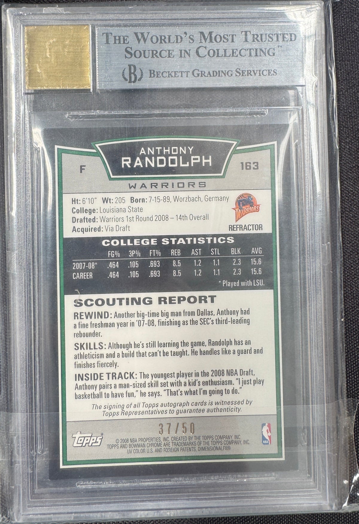 2008-09 Bowman Chrome Refractors - Anthony Randolph AUTO /50 [BGS 8.5 / AUTO 10]