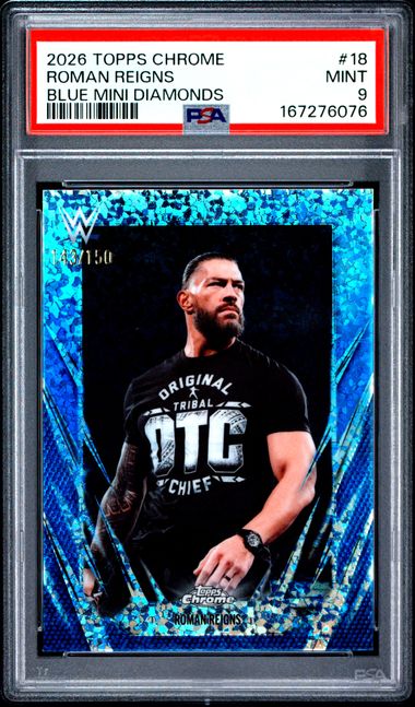 2026 TOPPS CHROME WWE #18 ROMAN REIGNS BLUE MINI DIAMONDS [PSA 9]