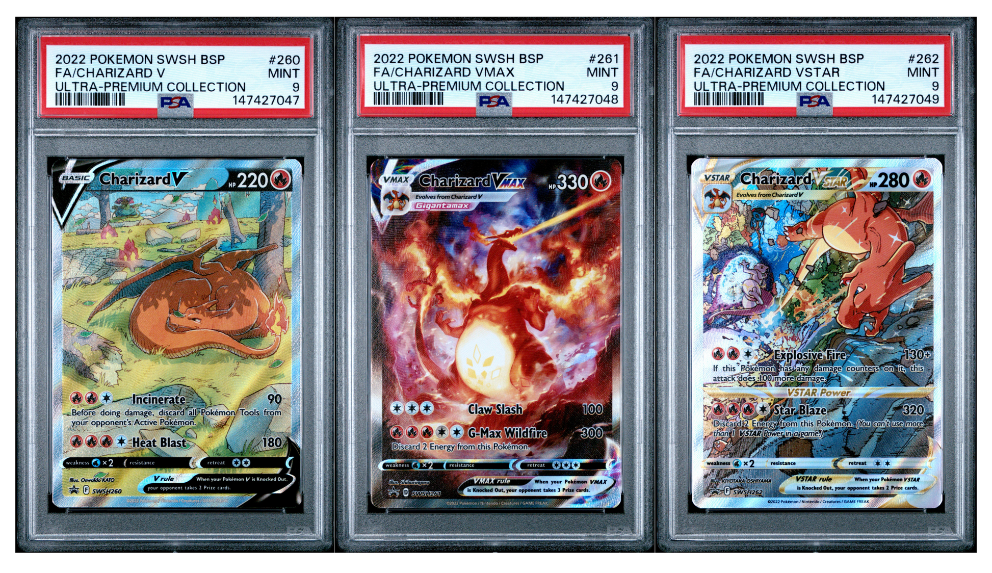 Three Pokémon trading cards in protective cases with PSA labels on a white background