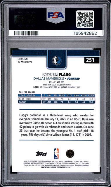 2025 TOPPS CHROME #251 COOPER FLAGG RED WHITE AND BLUE REF [PSA 9]