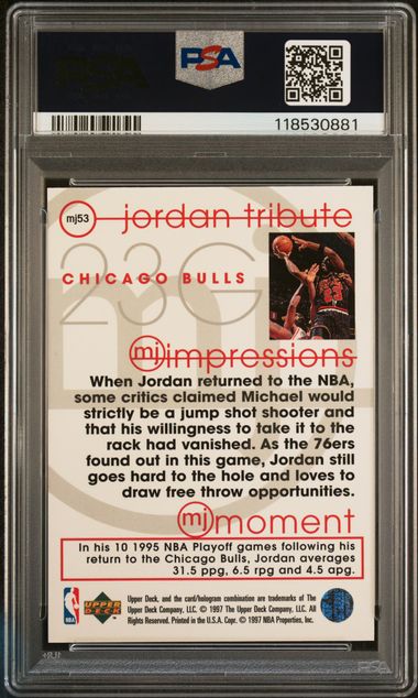 1996 UPPER DECK JORDAN TRIBUTE #MJ53 MICHAEL JORDAN MJ IMPRESSIONS [PSA 9]